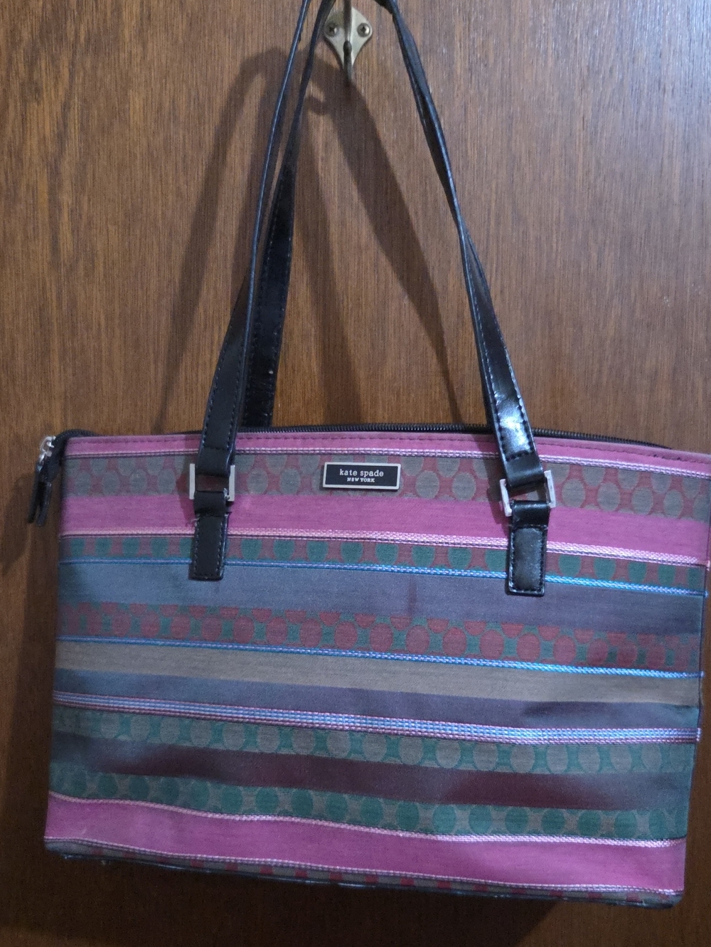 kate spade Pink and Green Striped Tote with Black Handles